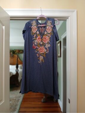 Johnny Was Blue Cold-Shoulder Tunic with Multicolor Floral Embroidery